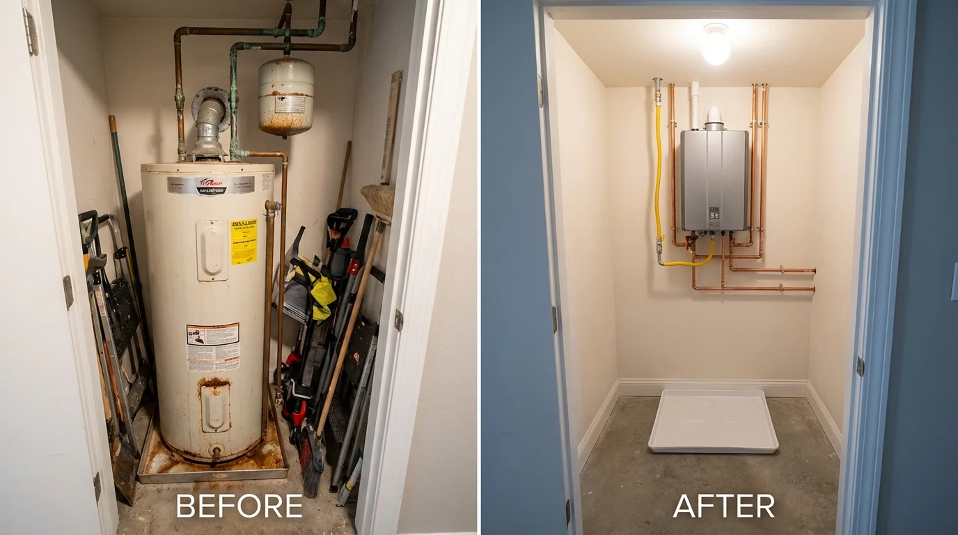 Tank water heater versus wall-mounted tankless unit comparison for Woodlawn, VA homeowners