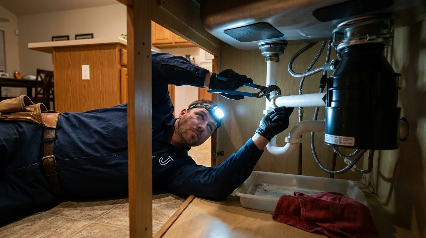 P-trap and supply line connections under a kitchen sink showing a common leak point in Woodlawn, VA
